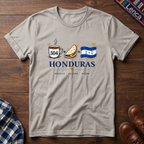 A ice gray short-sleeve crewneck t-shirt, featuring a graphic print that reads 'Honduras' in bold blue letters.