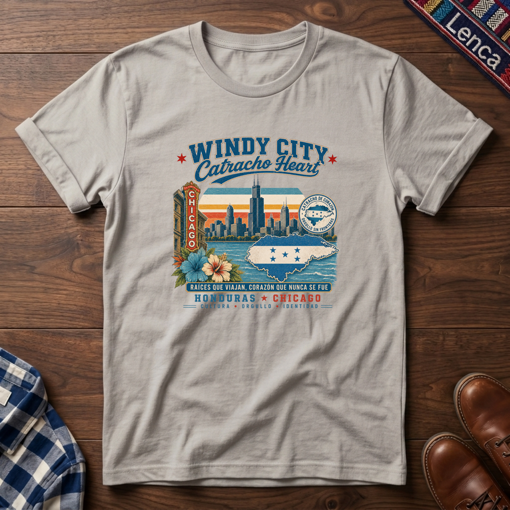 A ice gray short-sleeve graphic t-shirt laid flat on a dark wood background, featuring a colorful vintage-style Chicago skyline and 'Windy City Catracho Heart' print.