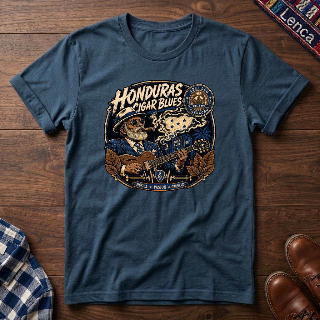 Indigo blue t-shirt with 'Honduras Cigar Blues' graphic on a wooden surface.