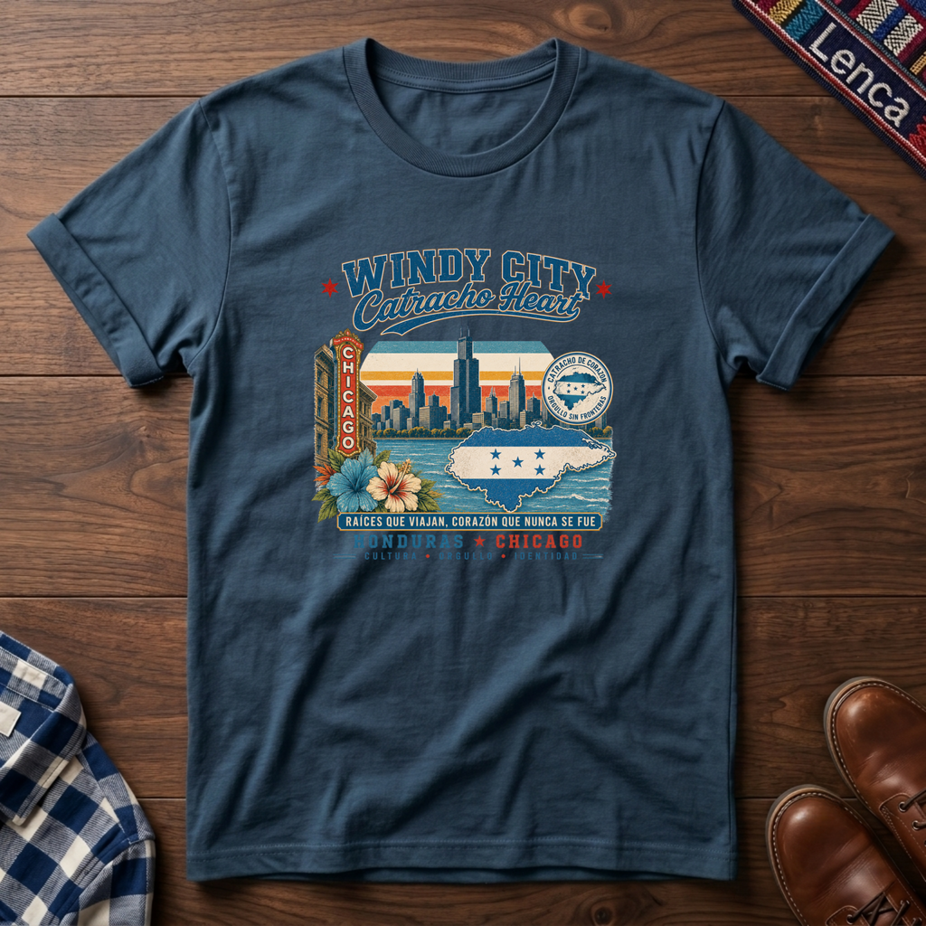 A indigo blue short-sleeve graphic t-shirt laid flat on a dark wood background, featuring a colorful vintage-style Chicago skyline and 'Windy City Catracho Heart' print.