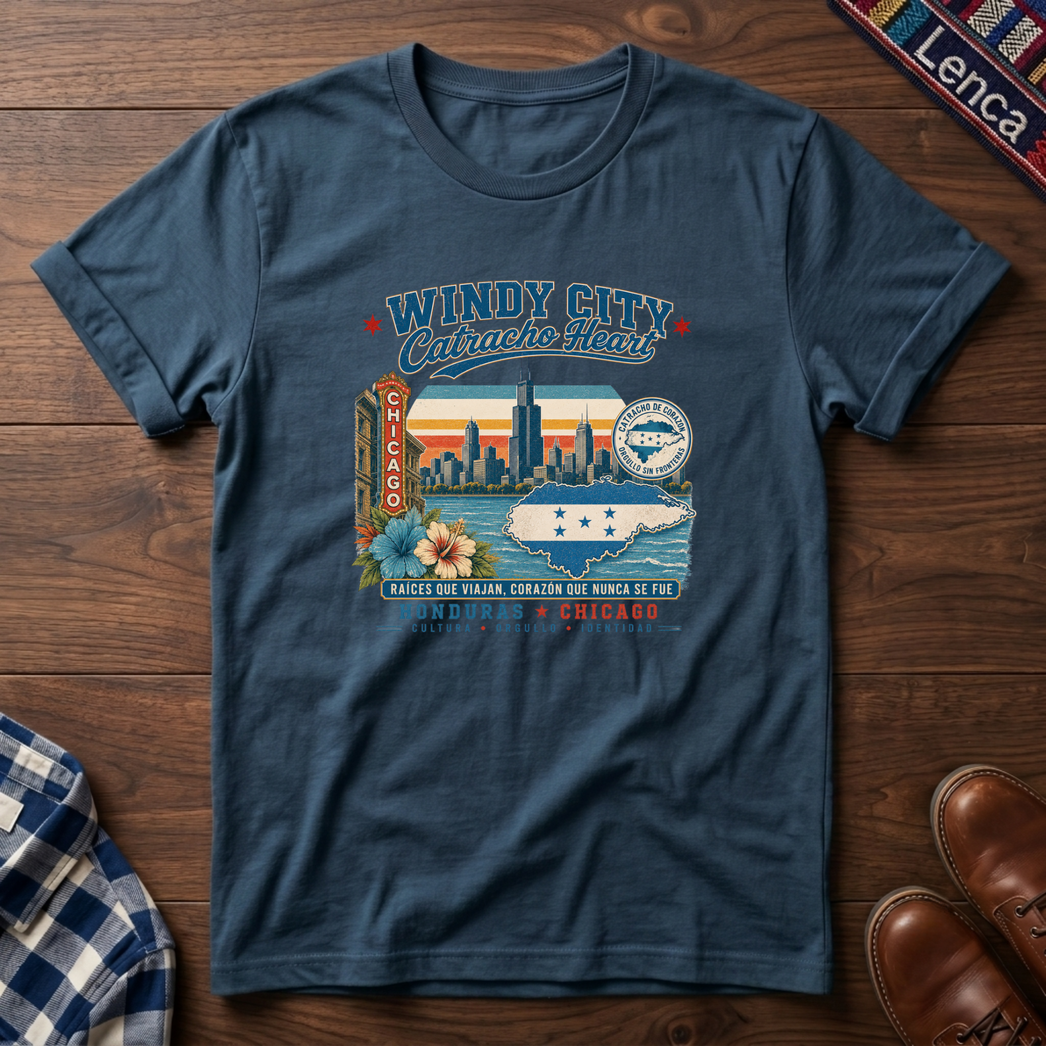 A indigo blue short-sleeve graphic t-shirt laid flat on a dark wood background, featuring a colorful vintage-style Chicago skyline and 'Windy City Catracho Heart' print.