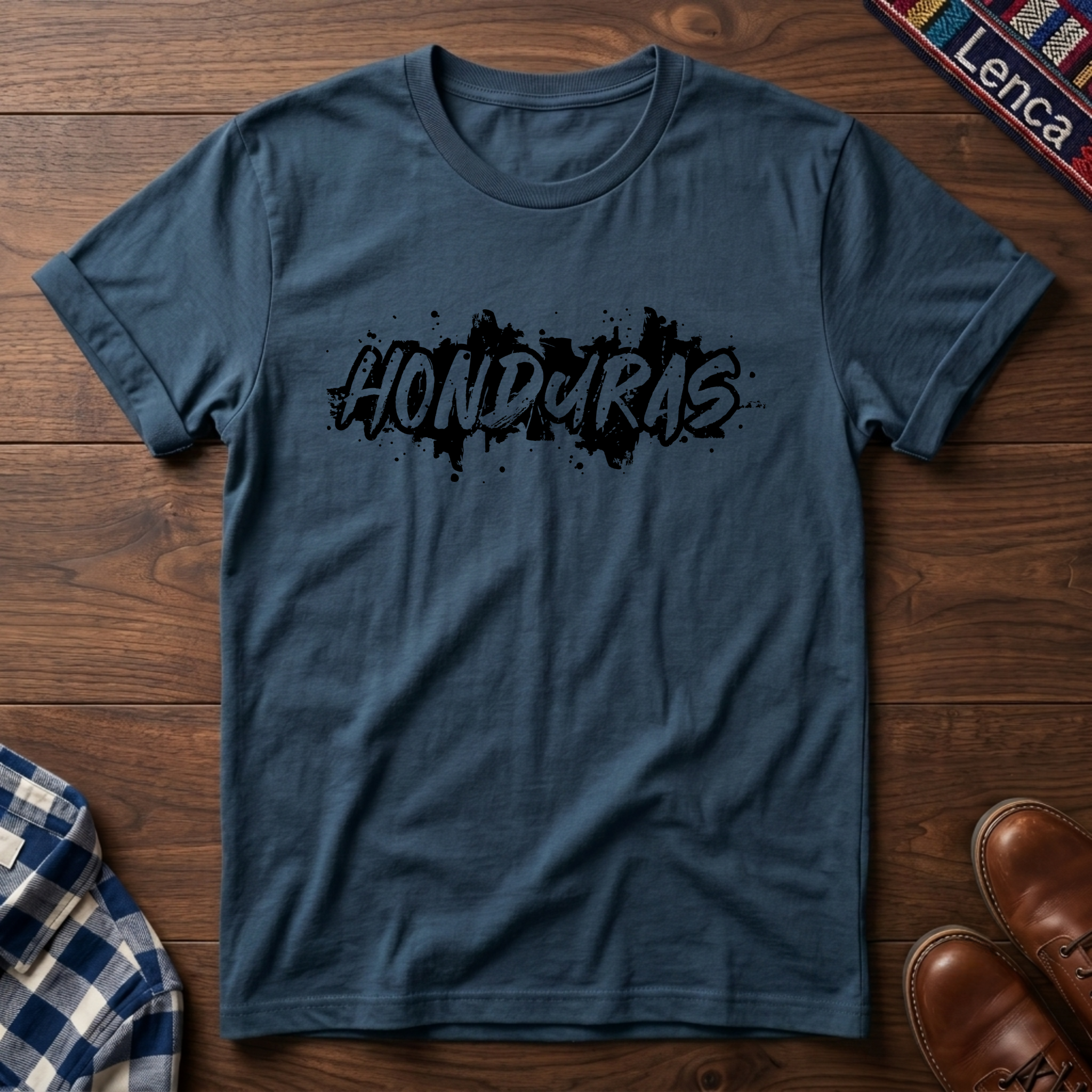 Indigo blue t-shirt with 'Honduras' printed on it, placed on a wooden surface.