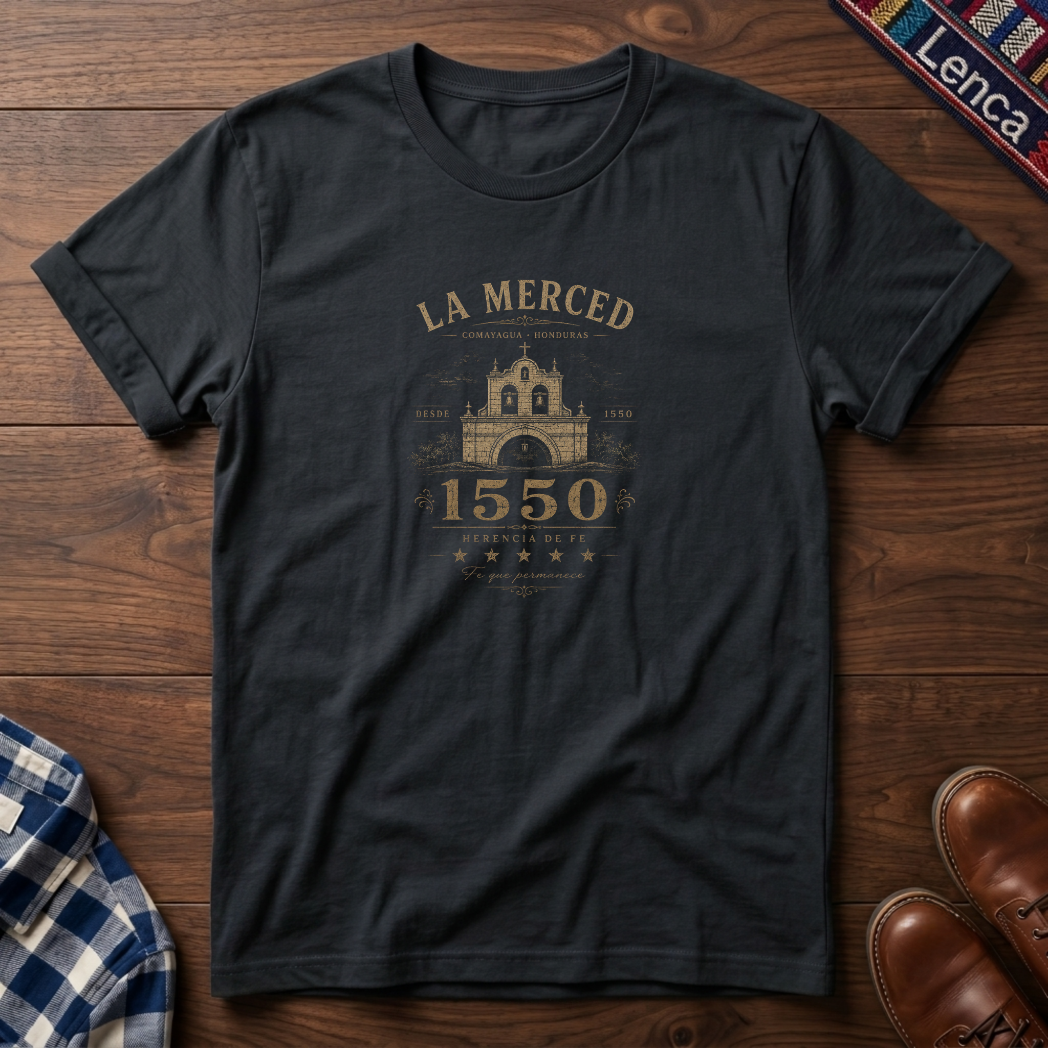 Black t-shirt with 'La Merced 1550' text design on a white background