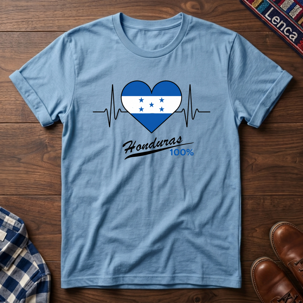 Light blue t-shirt with a heart design featuring Honduras' flag and 'Honduras 100%' text on a wooden surface.