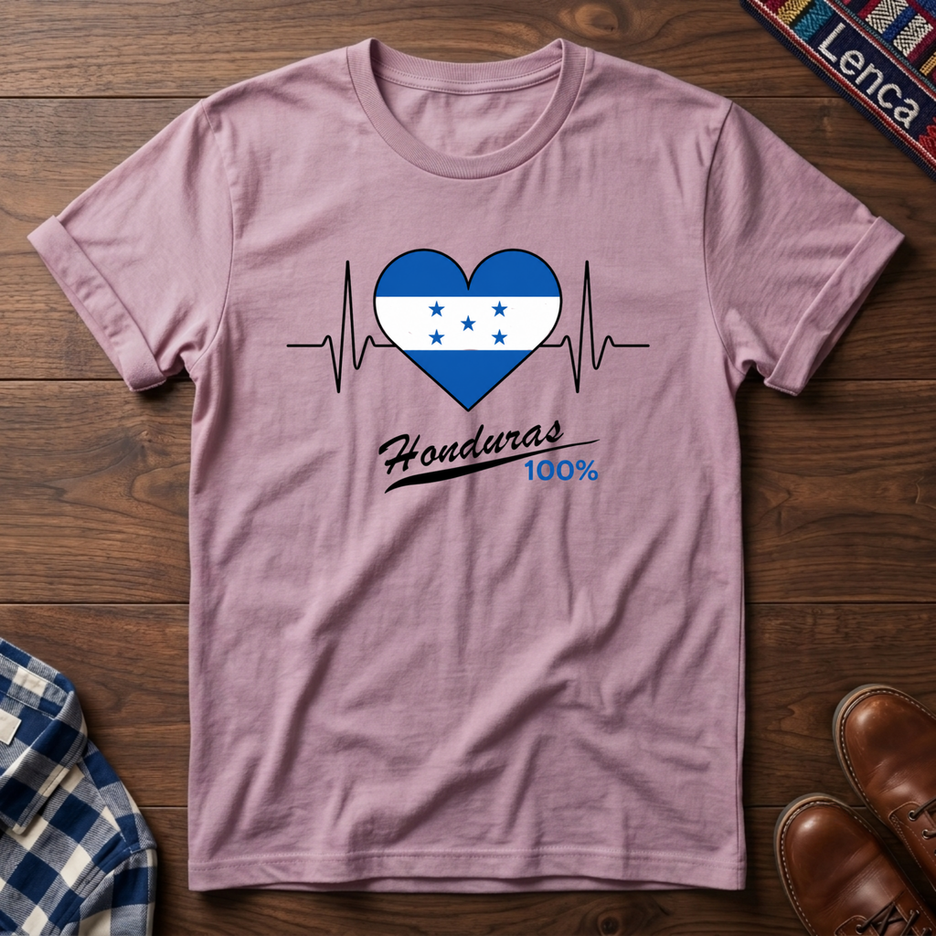 Light Pink t-shirt with a heart design featuring Honduras' flag and 'Honduras 100%' text on a wooden surface.