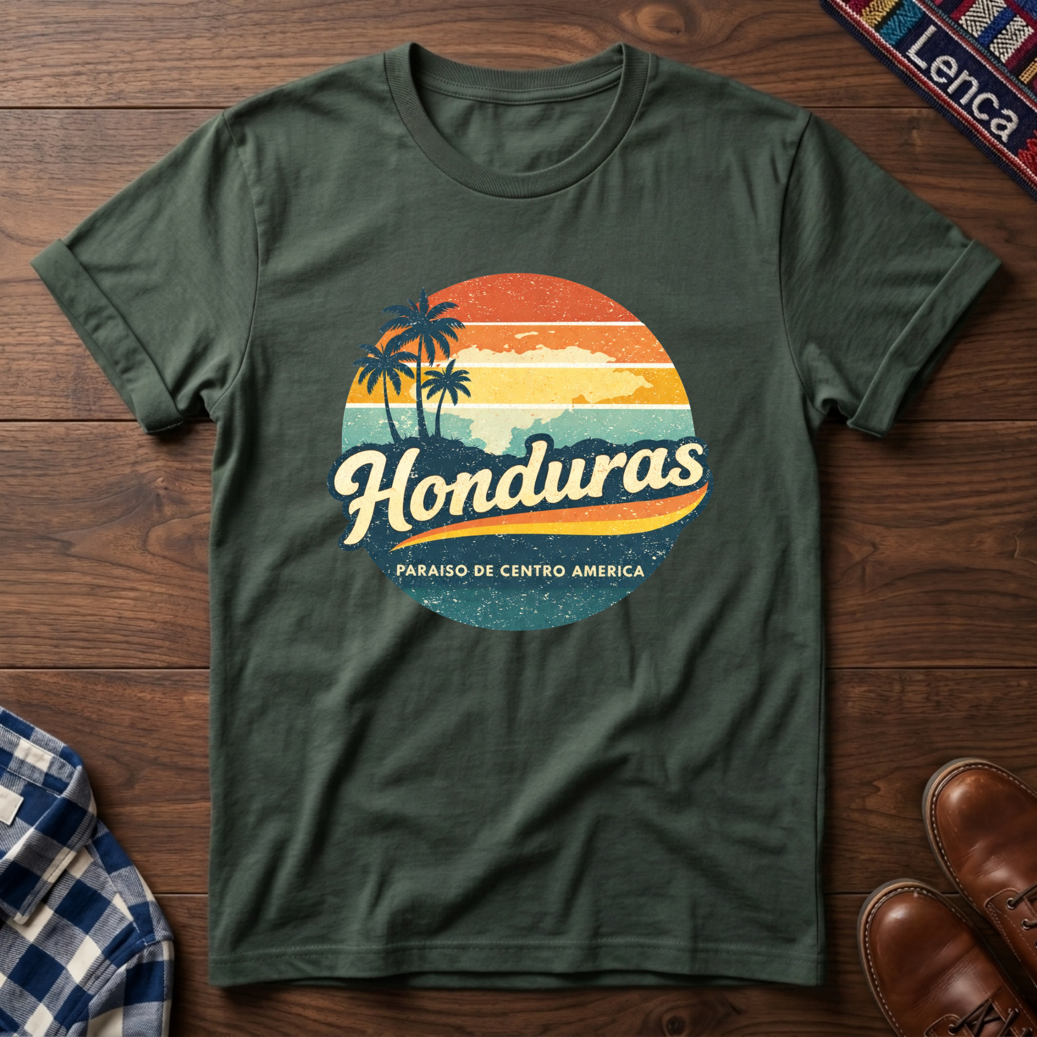 Military Green t-shirt with 'Honduras' text graphic design on a wooden surface