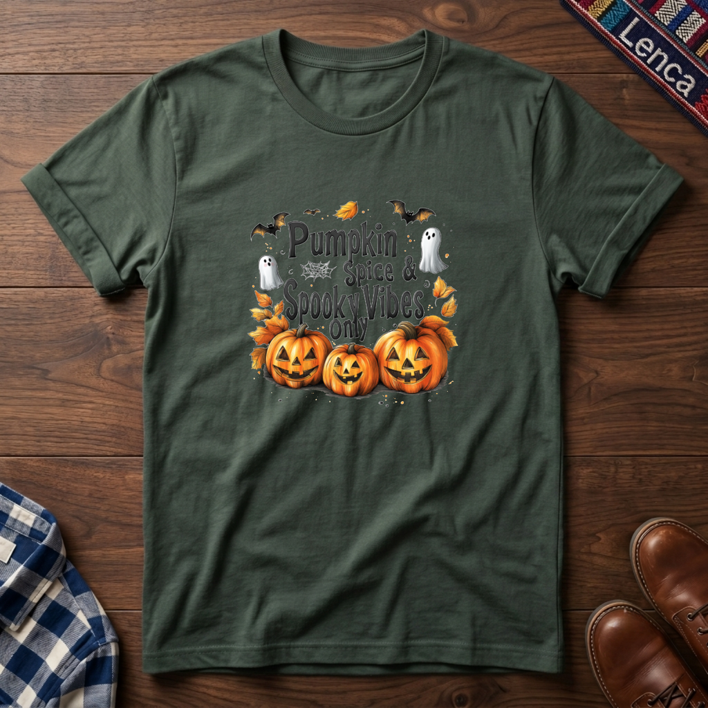 A military green short-sleeve t-shirt with a Halloween graphic print featuring three orange jack-o'-lanterns, white ghosts, and the text 'Pumpkin Spice is Spooktacular'.