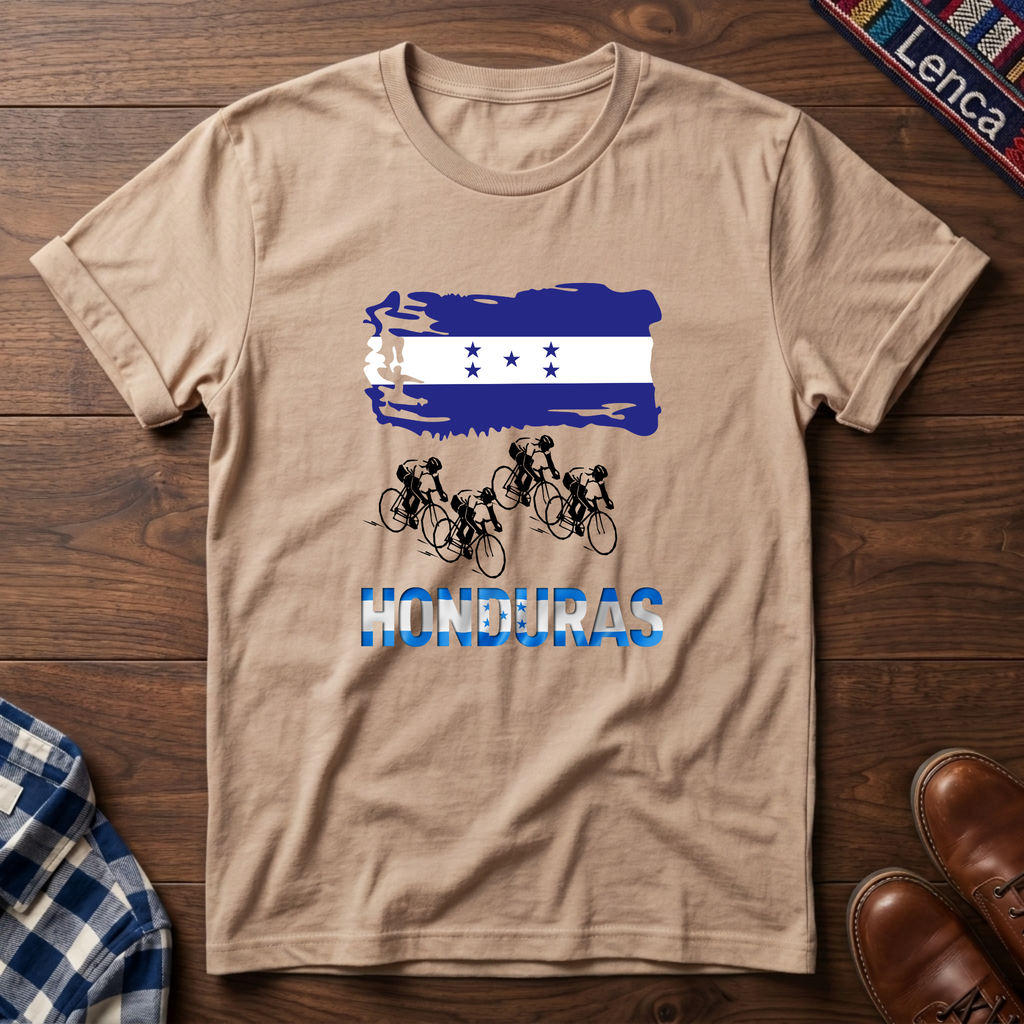 Natural t-shirt with 'Honduras' text, flag and cycling design on a white bacground