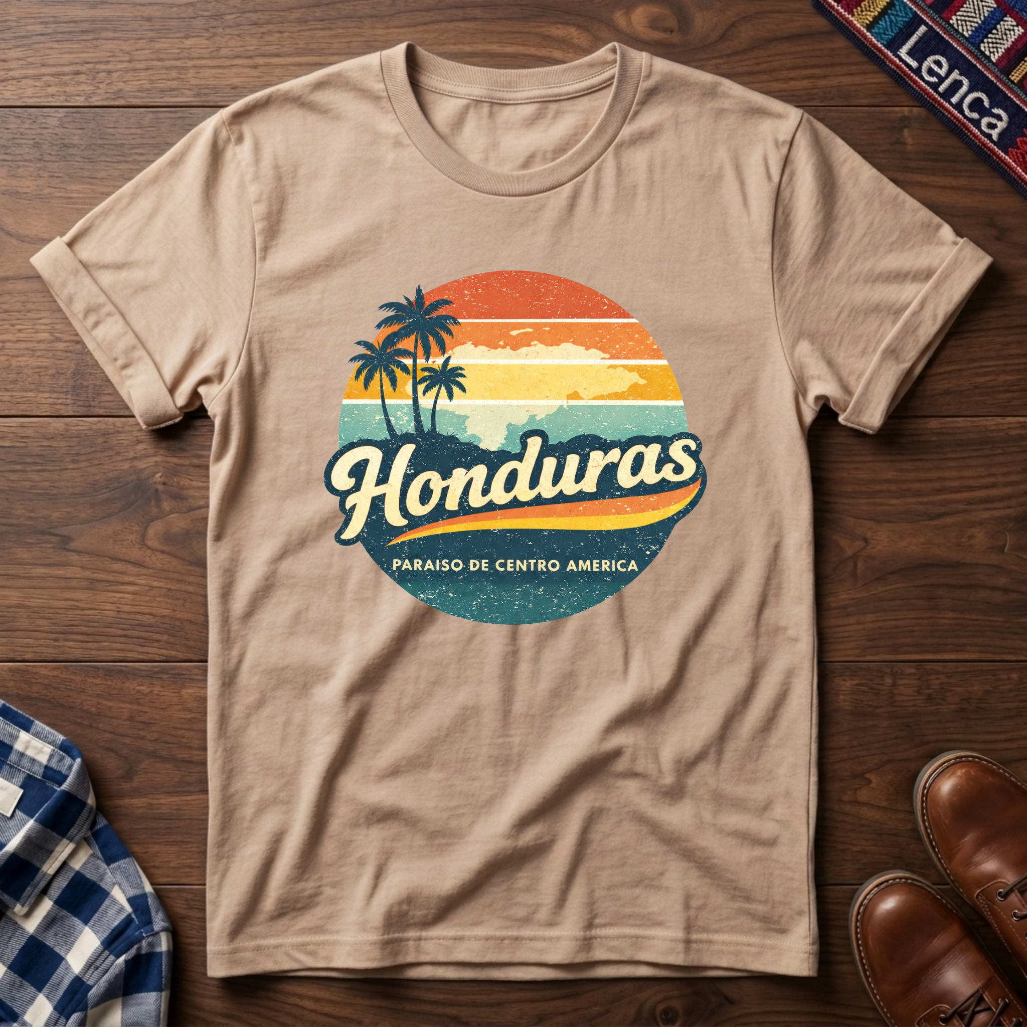 Natural t-shirt with 'Honduras' text graphic design on a wooden surface