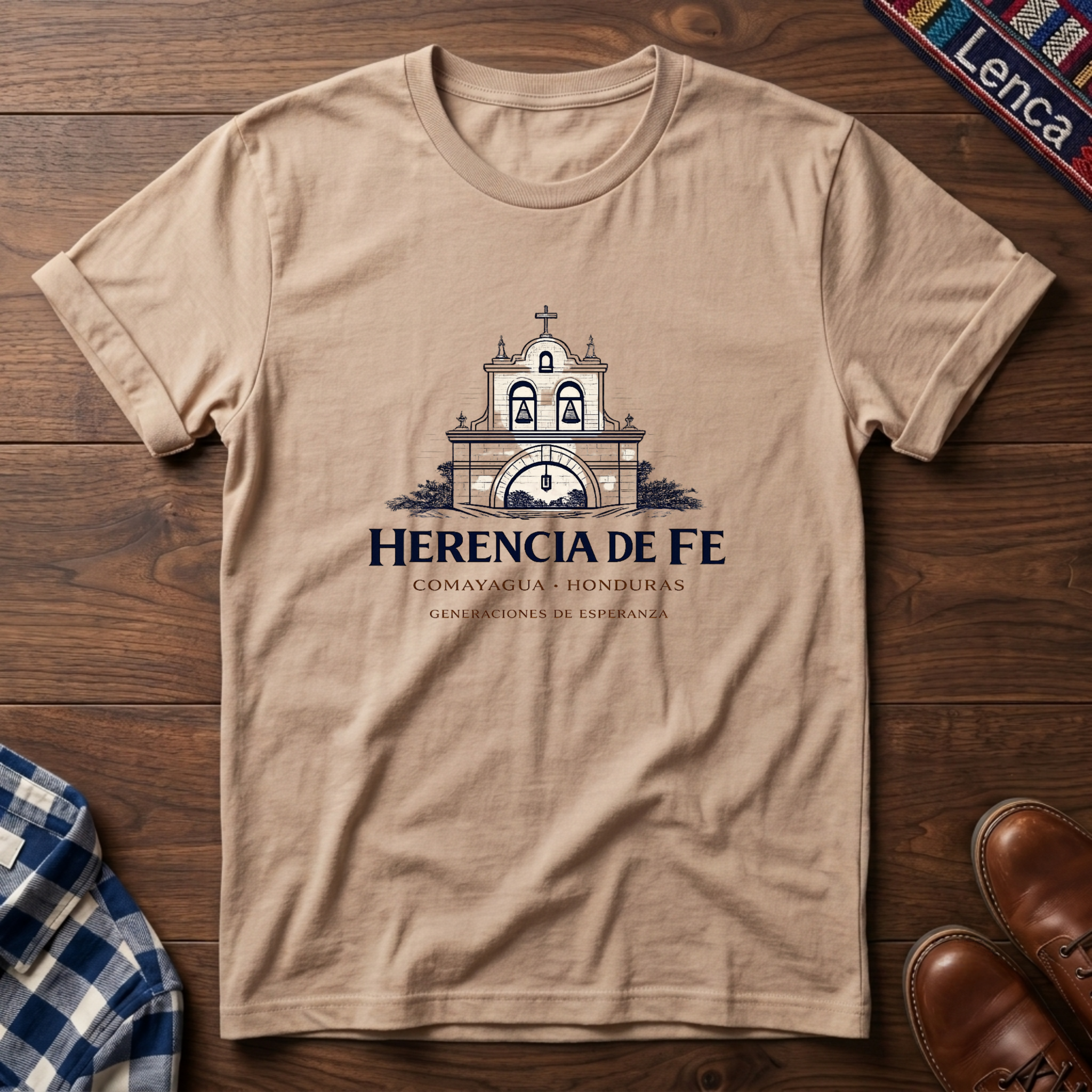 Natural t-shirt with a Honduras graphic design on a wooden surface.