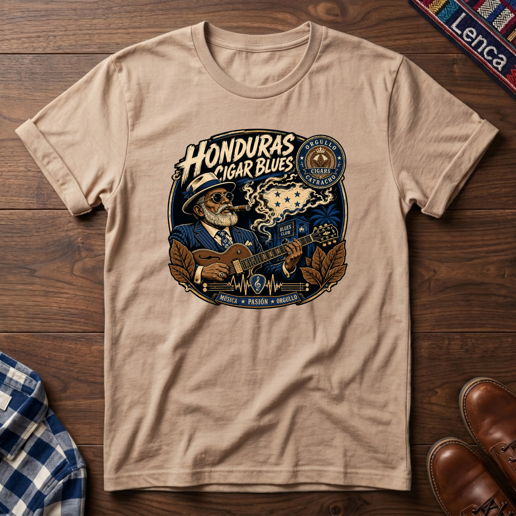 Natural t-shirt with 'Honduras Cigar Blues' graphic on a wooden surface.