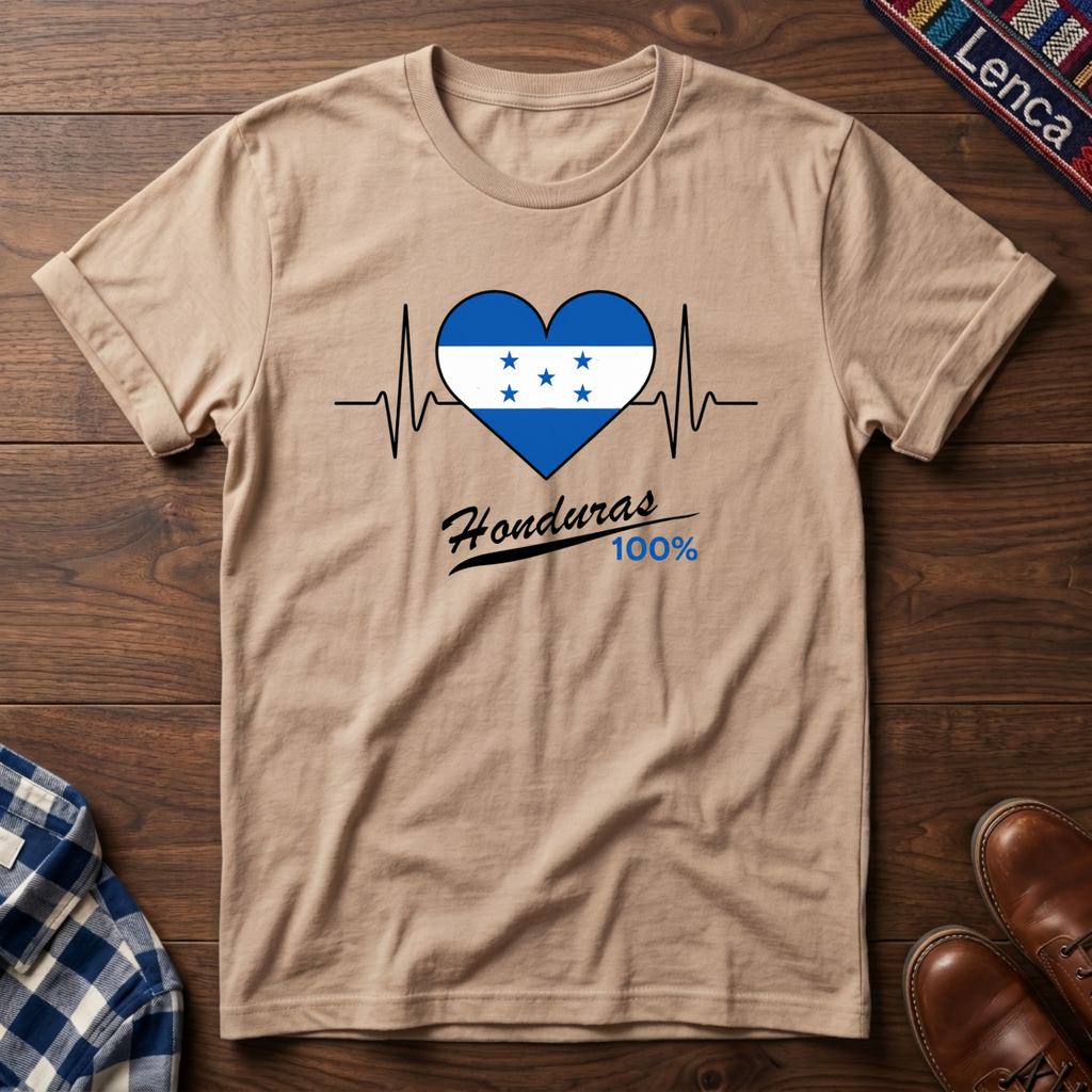 Natural t-shirt with a heart design featuring Honduras' flag and 'Honduras 100%' text on a wooden surface.