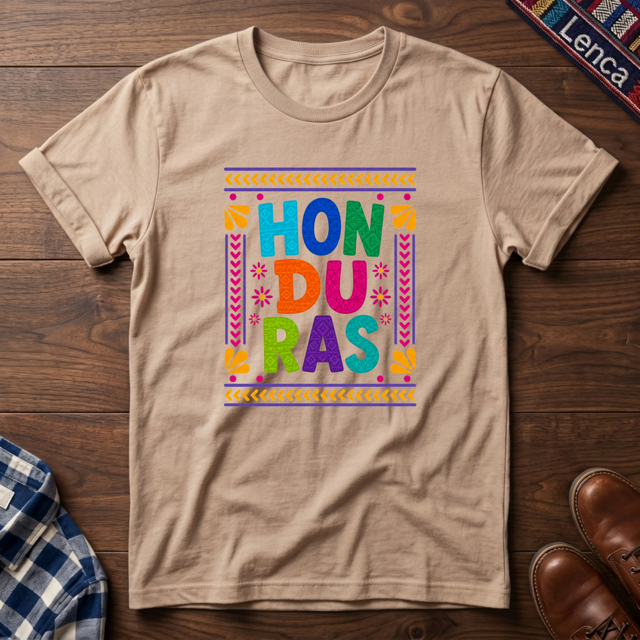 Natural t-shirt with colorful 'Honduras' text on a wooden surface.