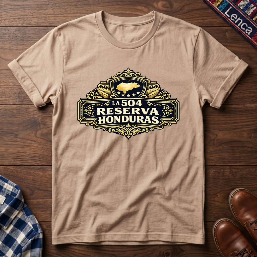 Natural t-shirt with 'La 504 Reserva Honduras' graphic design on a wooden surface.