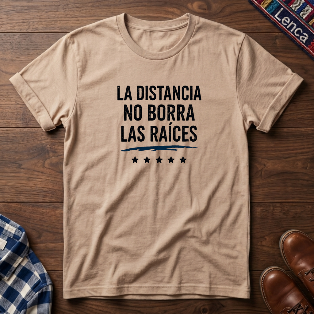 Natural t-shirt with 'La Distancia' text on a wooden surface.