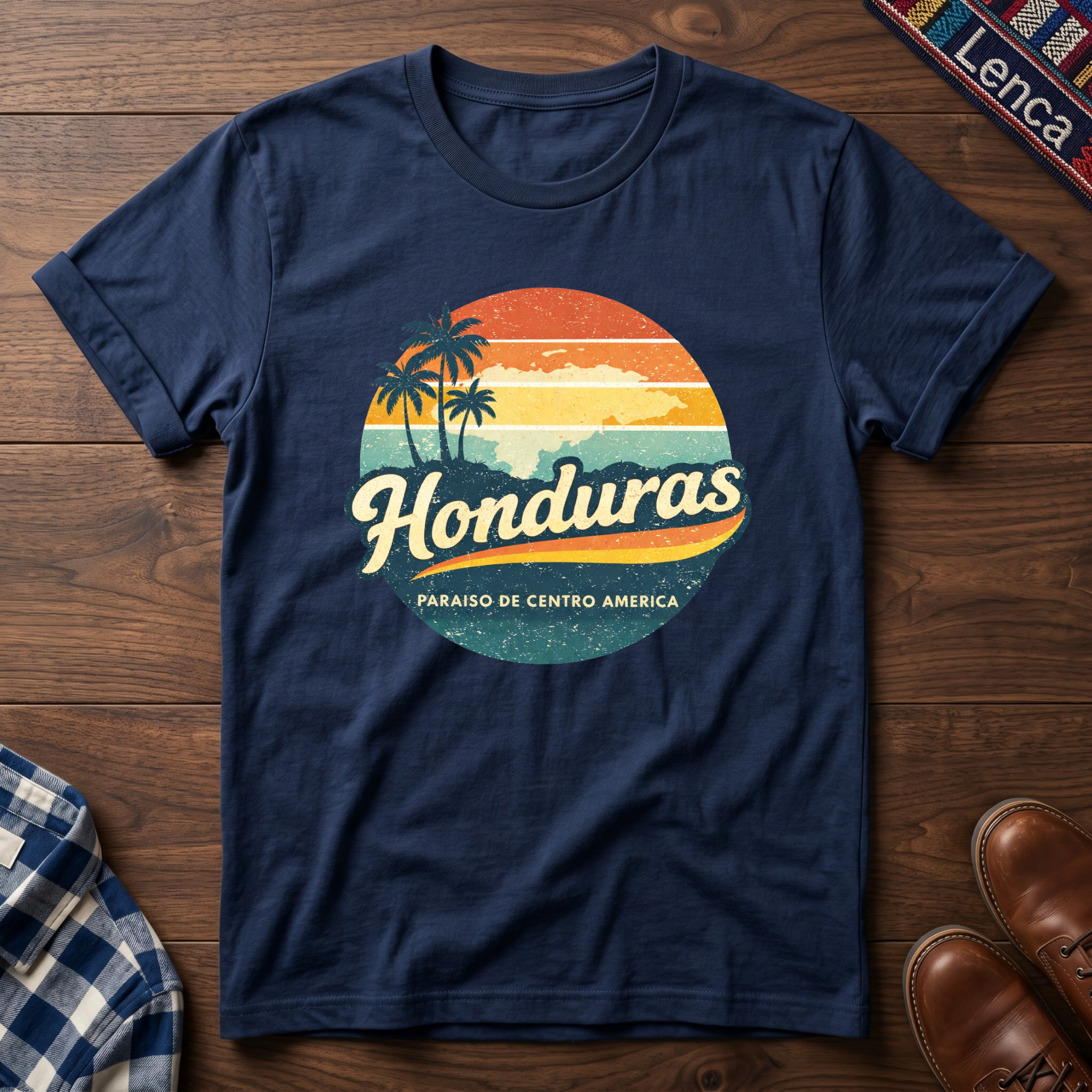 Navy blue t-shirt with 'Honduras' text graphic design on a wooden surface