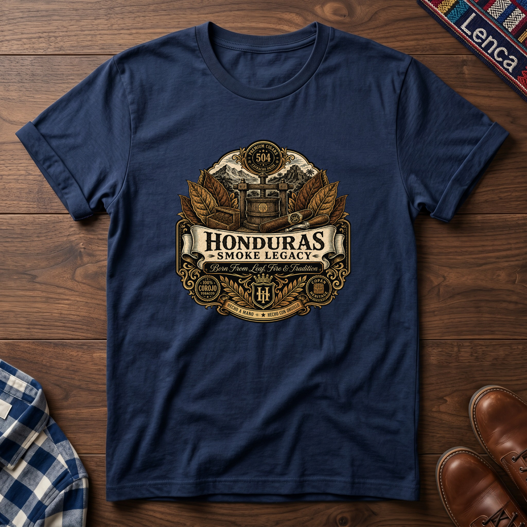 Navy t-shirt with 'Honduras Smoke Legacy' graphic on a wooden surface.