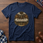 Navy t-shirt with 'Honduras Smoke Legacy' graphic on a wooden surface.
