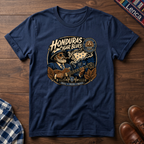 Navy blue t-shirt with 'Honduras Cigar Blues' graphic on a wooden surface.