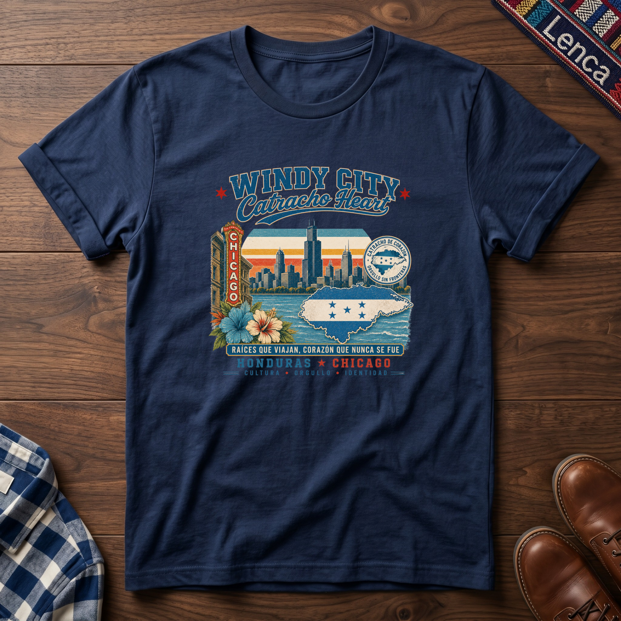 A navy short-sleeve graphic t-shirt laid flat on a dark wood background, featuring a colorful vintage-style Chicago skyline and 'Windy City Catracho Heart' print.
