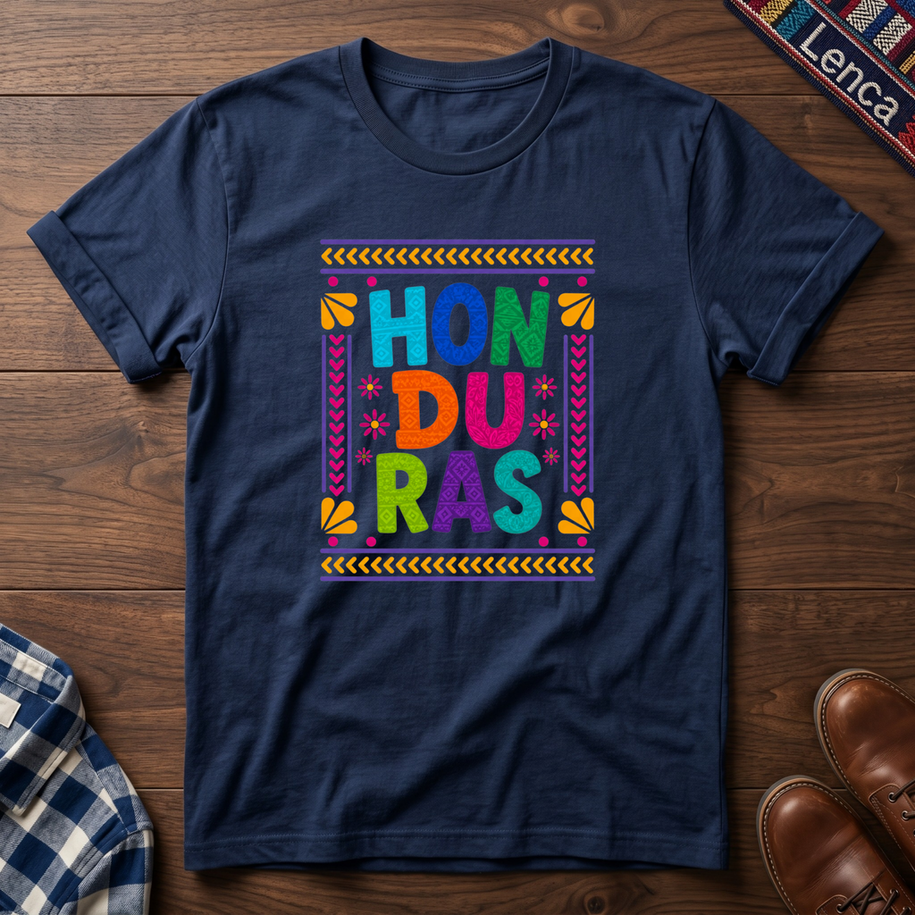 Navy t-shirt with colorful 'Honduras' text on a wooden surface.