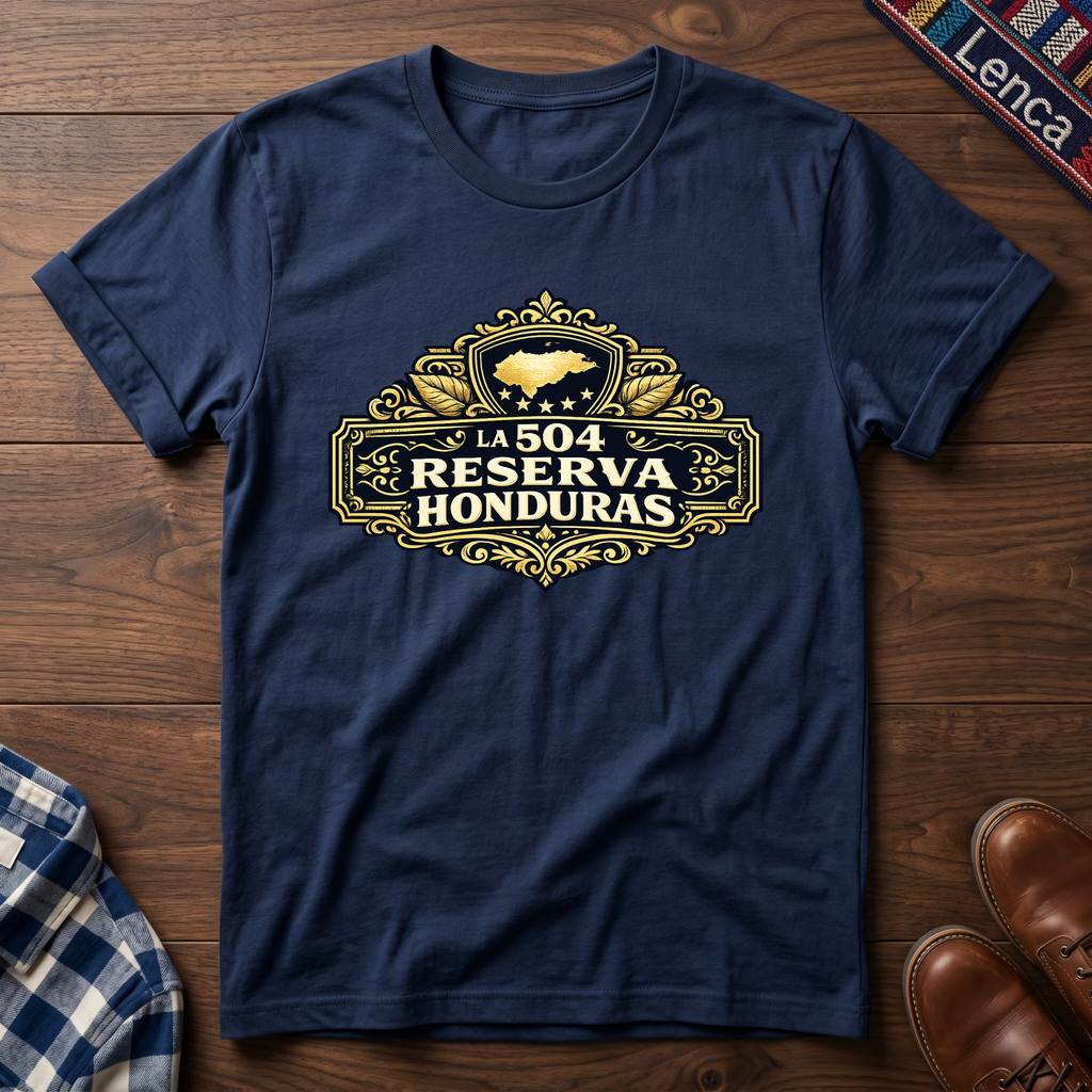 Navy t-shirt with 'La 504 Reserva Honduras' graphic design on a wooden surface.