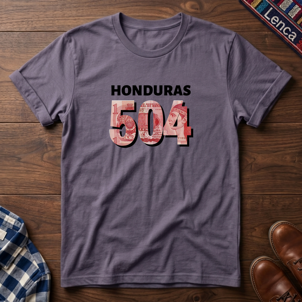 A paragon t-shirt laid flat on a wooden surface, featuring the text 'HONDURAS 504' printed on the chest. The numbers '504' are filled with a red, white, and blue pattern resembling the Honduran Lempira, while 'HONDURAS' is printed in black.