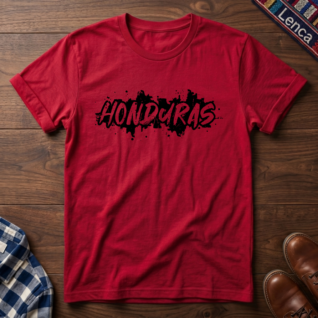 Red t-shirt with 'Honduras' print on a wooden surface