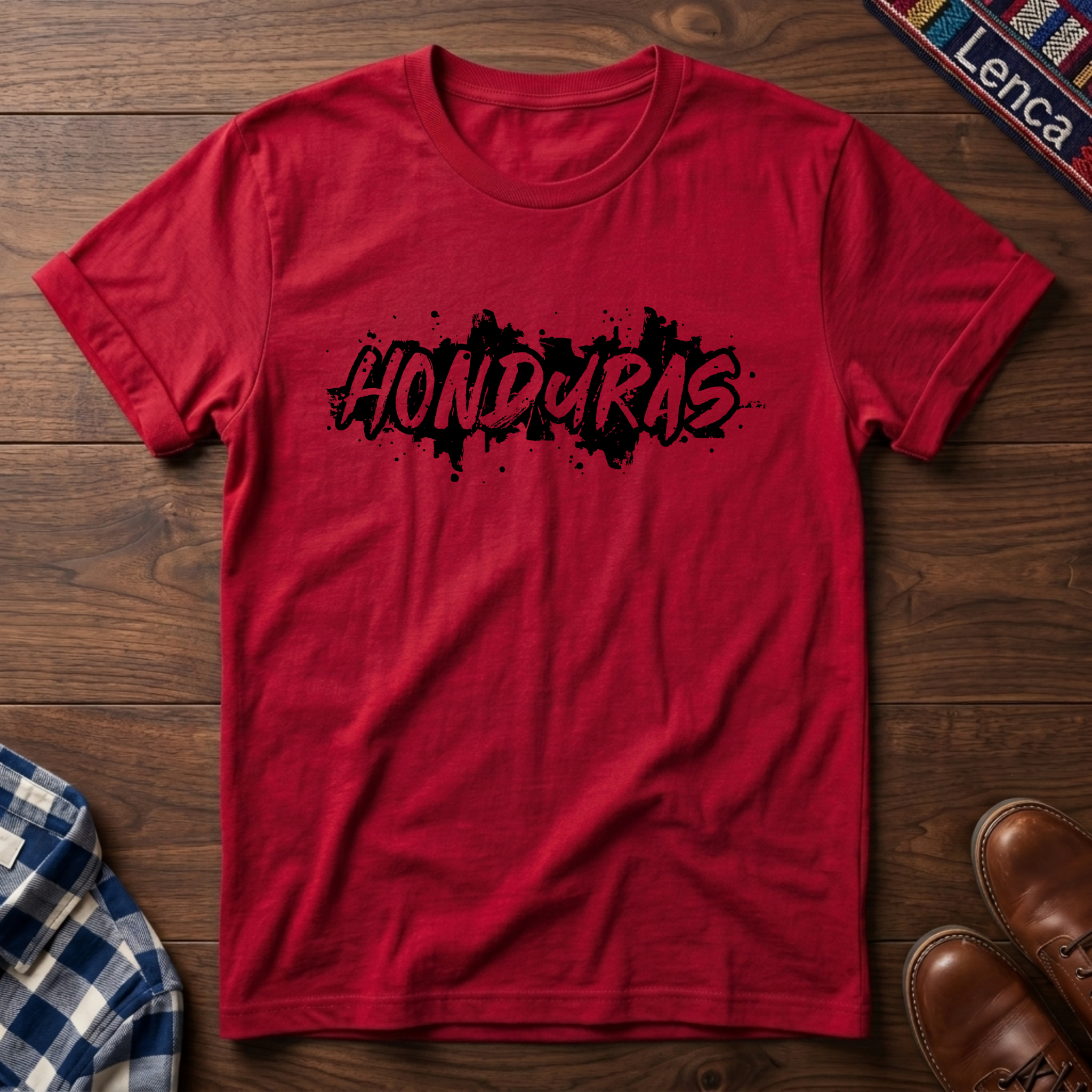 Red t-shirt with 'Honduras' print on a wooden surface