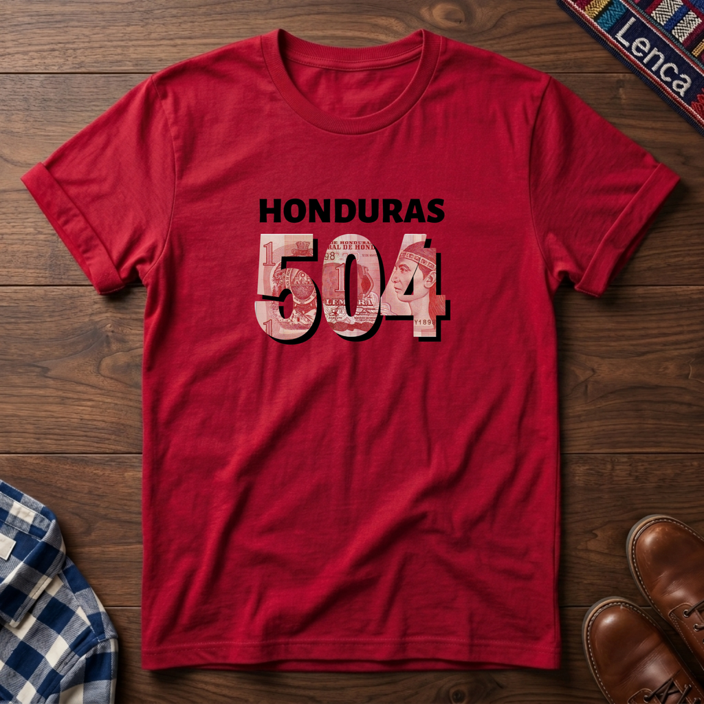 A red t-shirt laid flat on a wooden surface, featuring the text 'HONDURAS 504' printed on the chest. The numbers '504' are filled with a red, white, and blue pattern resembling the Honduran Lempira, while 'HONDURAS' is printed in black.