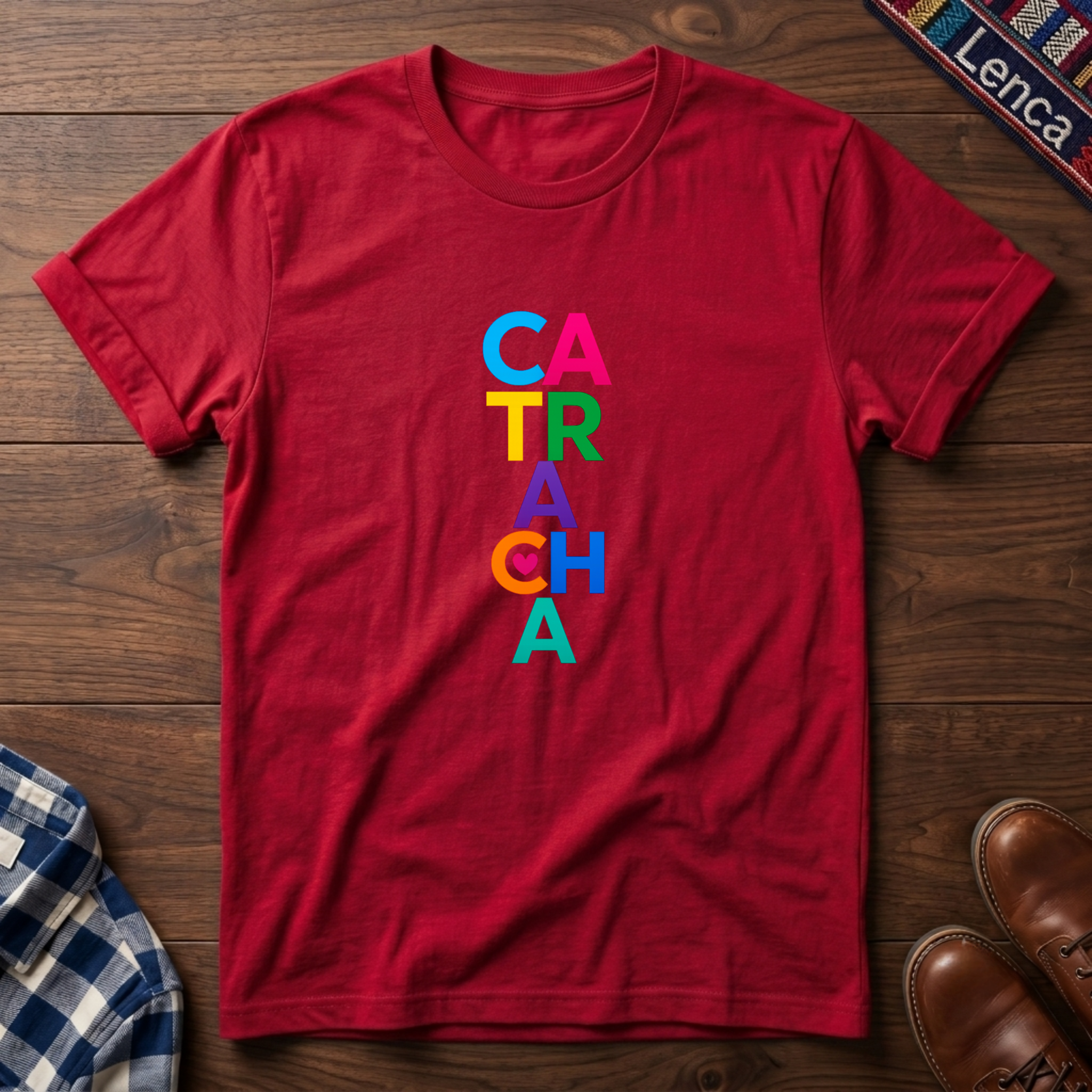 A red short-sleeve t-shirt laid flat on a dark wood background, featuring the word 'CATRACHA' printed vertically in colorful letters (blue, pink, yellow, green, purple, orange, teal).