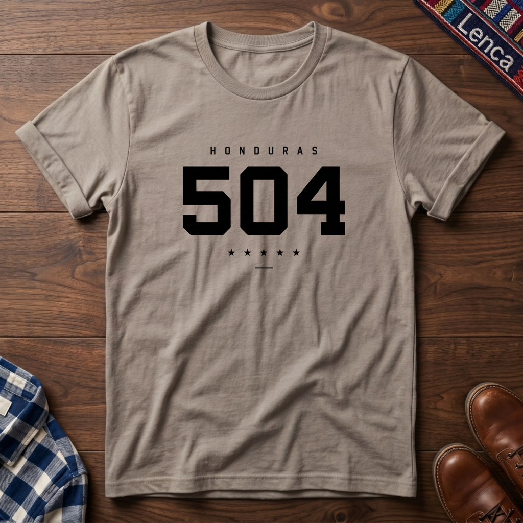 A sand crewneck t-shirt with a black graphic print reading 'HONDURAS 504' and five stars, laid flat on a dark wood background.