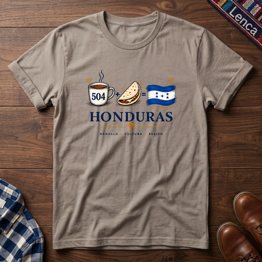 A sand short-sleeve crewneck t-shirt, featuring a graphic print that reads 'Honduras' in bold blue letters.