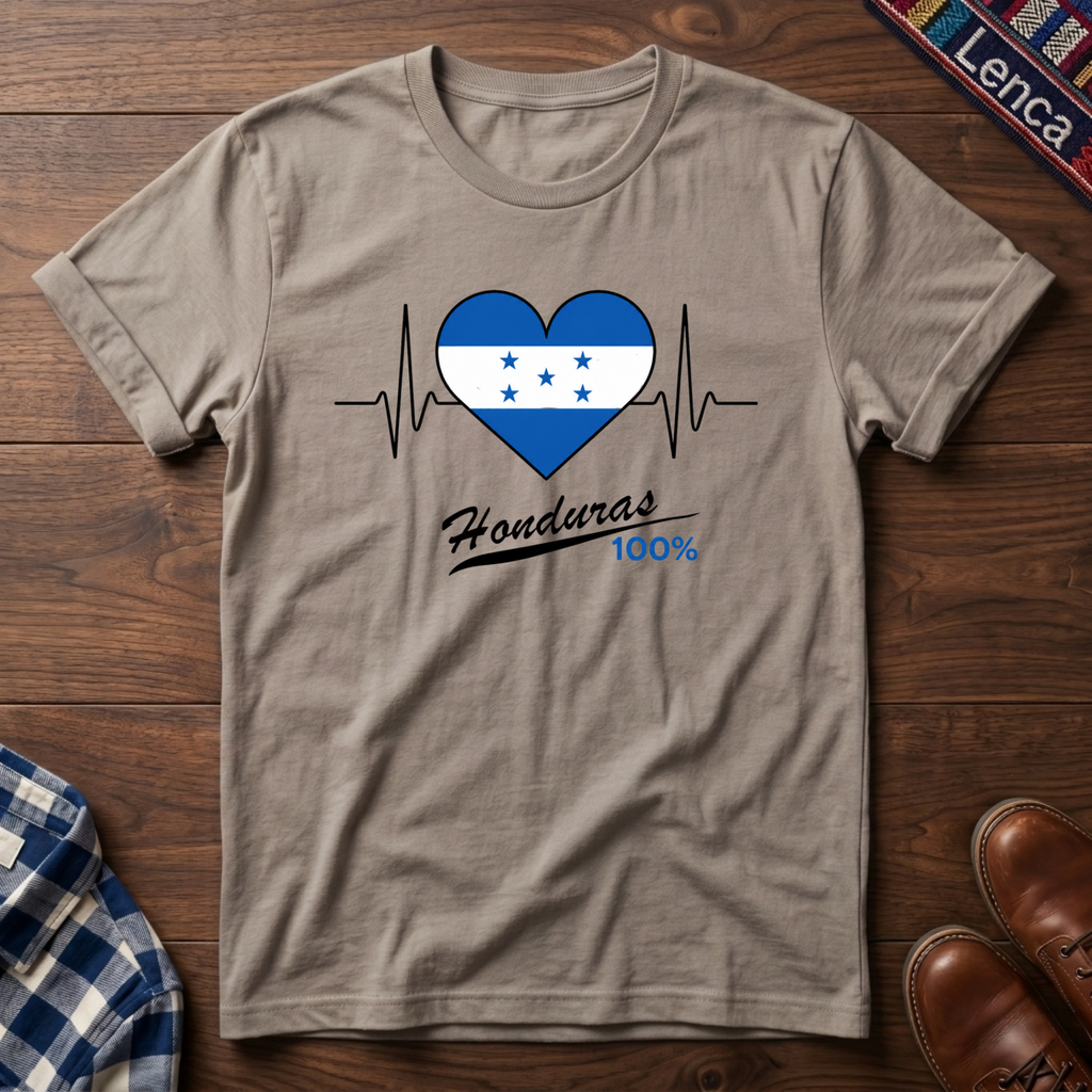 Sand t-shirt with a heart design featuring Honduras' flag and 'Honduras 100%' text on a wooden surface.