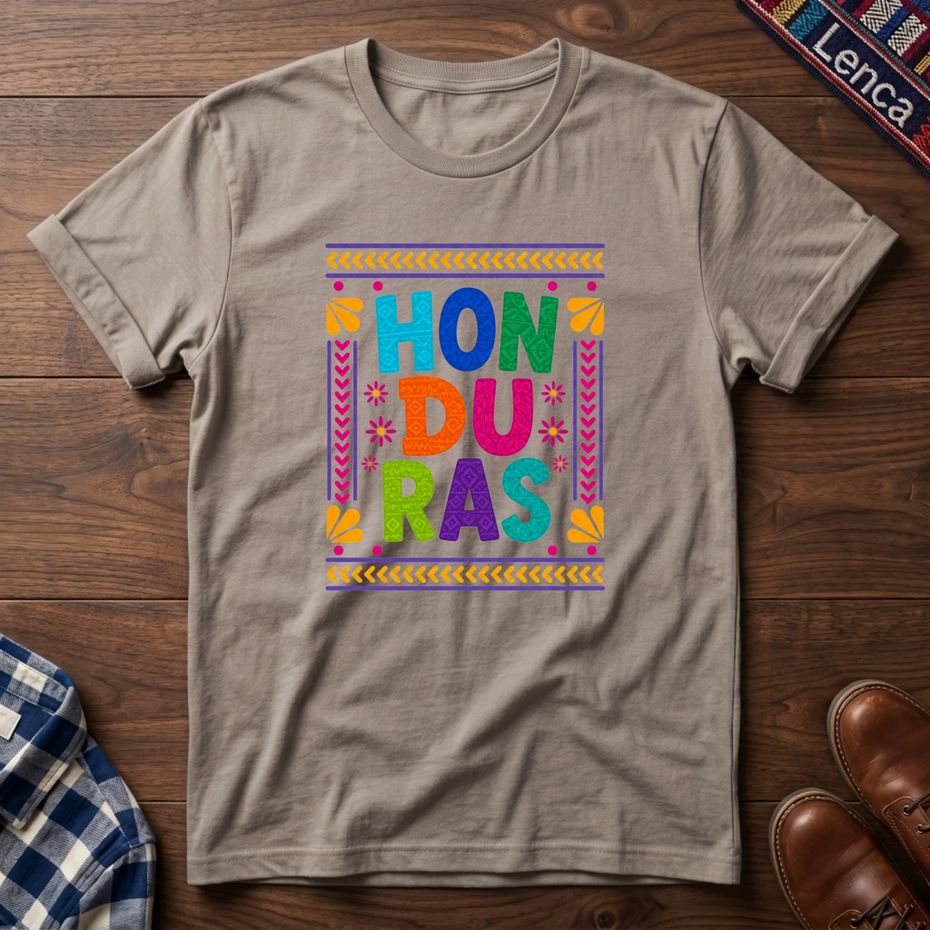 Sand t-shirt with colorful 'Honduras' text on a wooden surface.