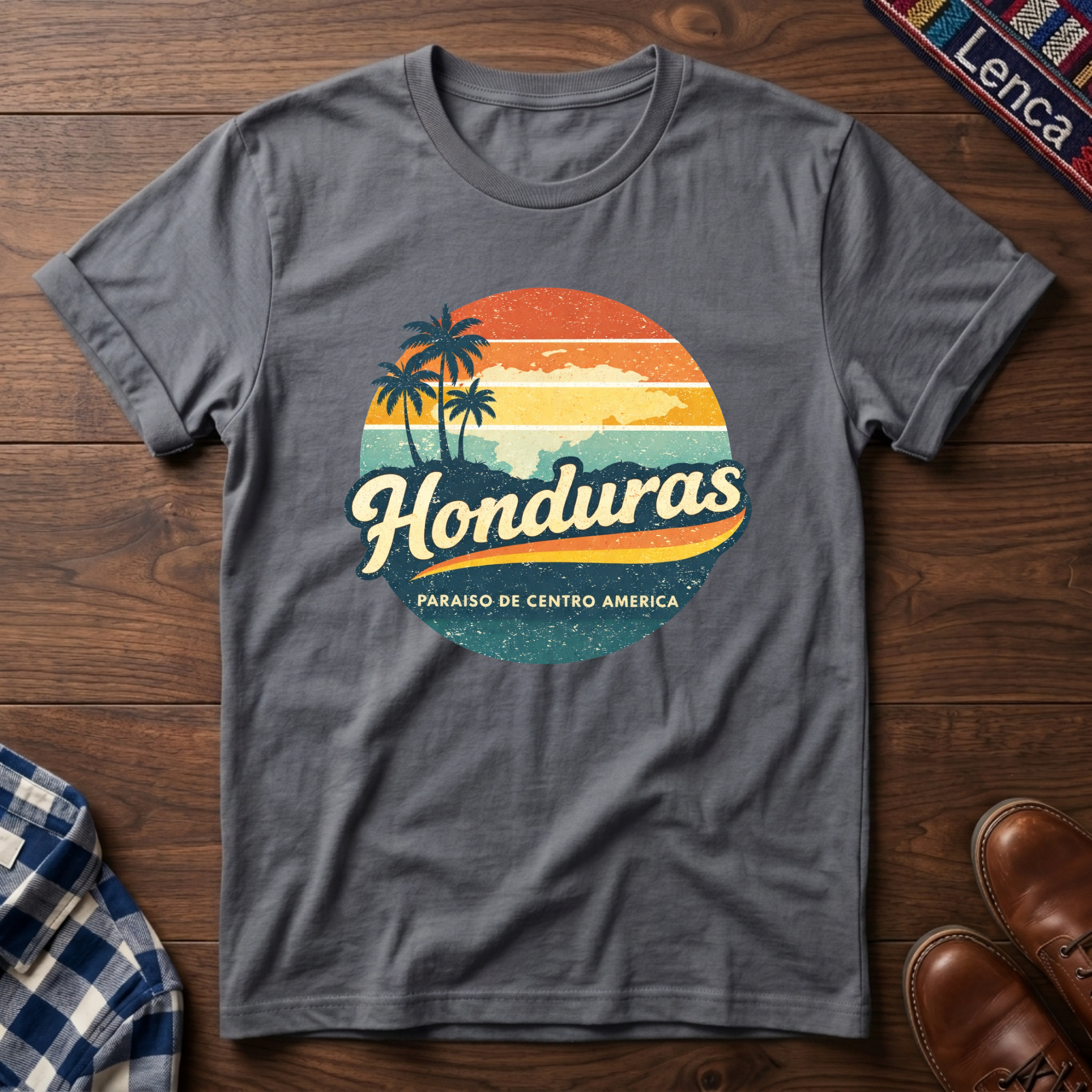 Sport Gray t-shirt with 'Honduras' text graphic design on a wooden surface