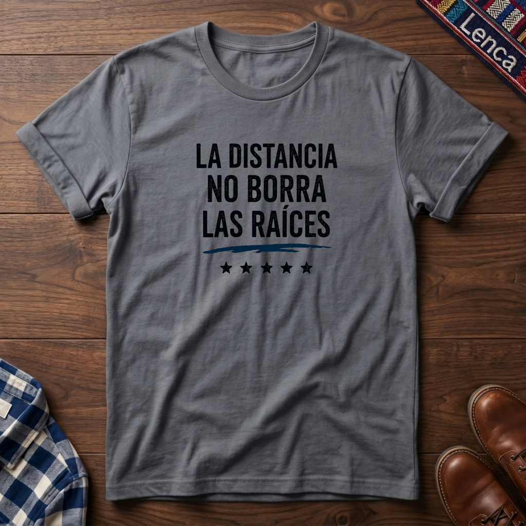 Sport Gray t-shirt with 'La Distancia' text on a wooden surface.