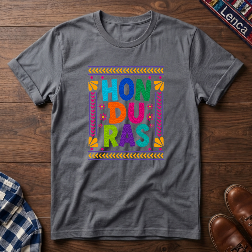 Sport gray t-shirt with colorful 'Honduras' text on a wooden surface.