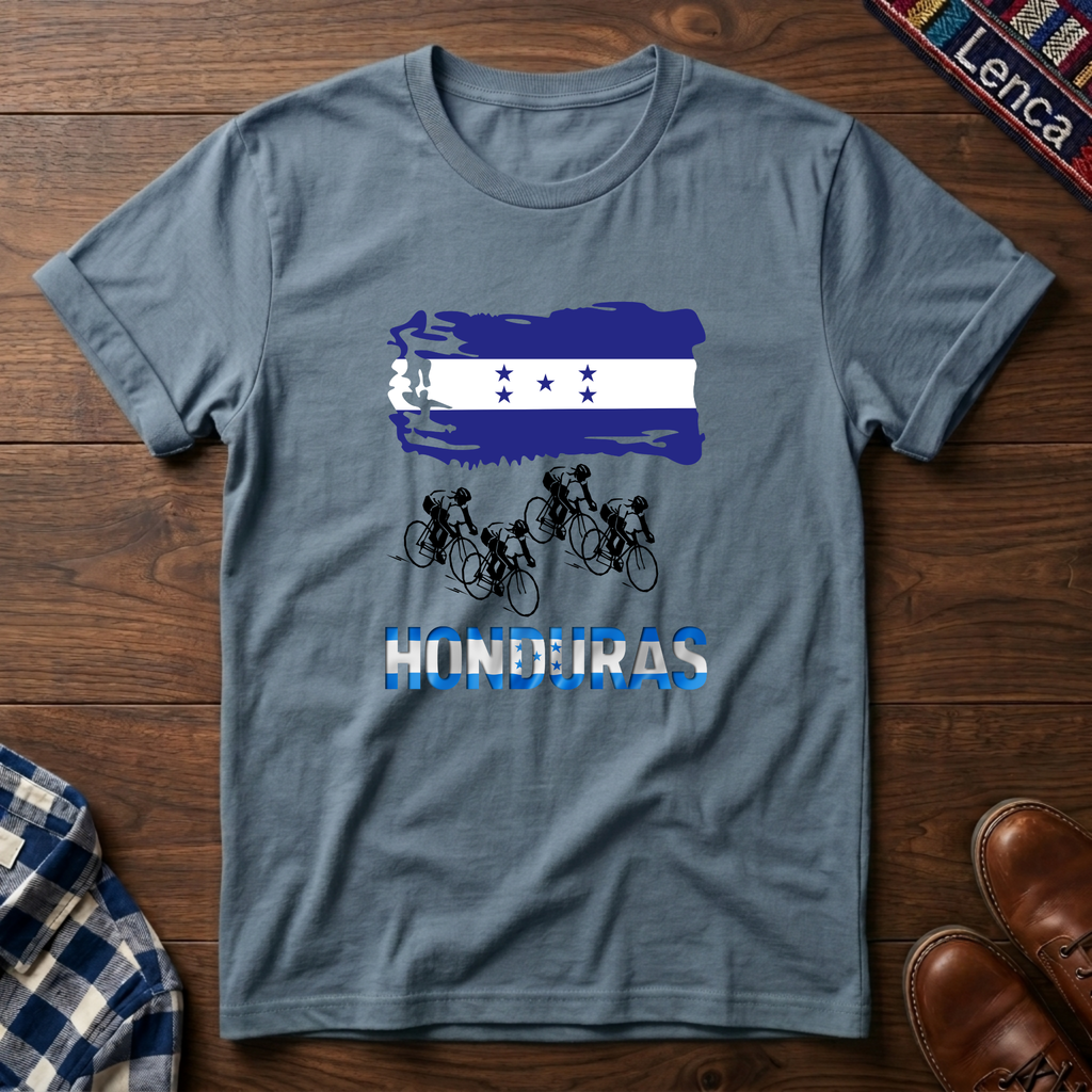 Stone blue t-shirt with 'Honduras' text, flag and cycling design on a white background