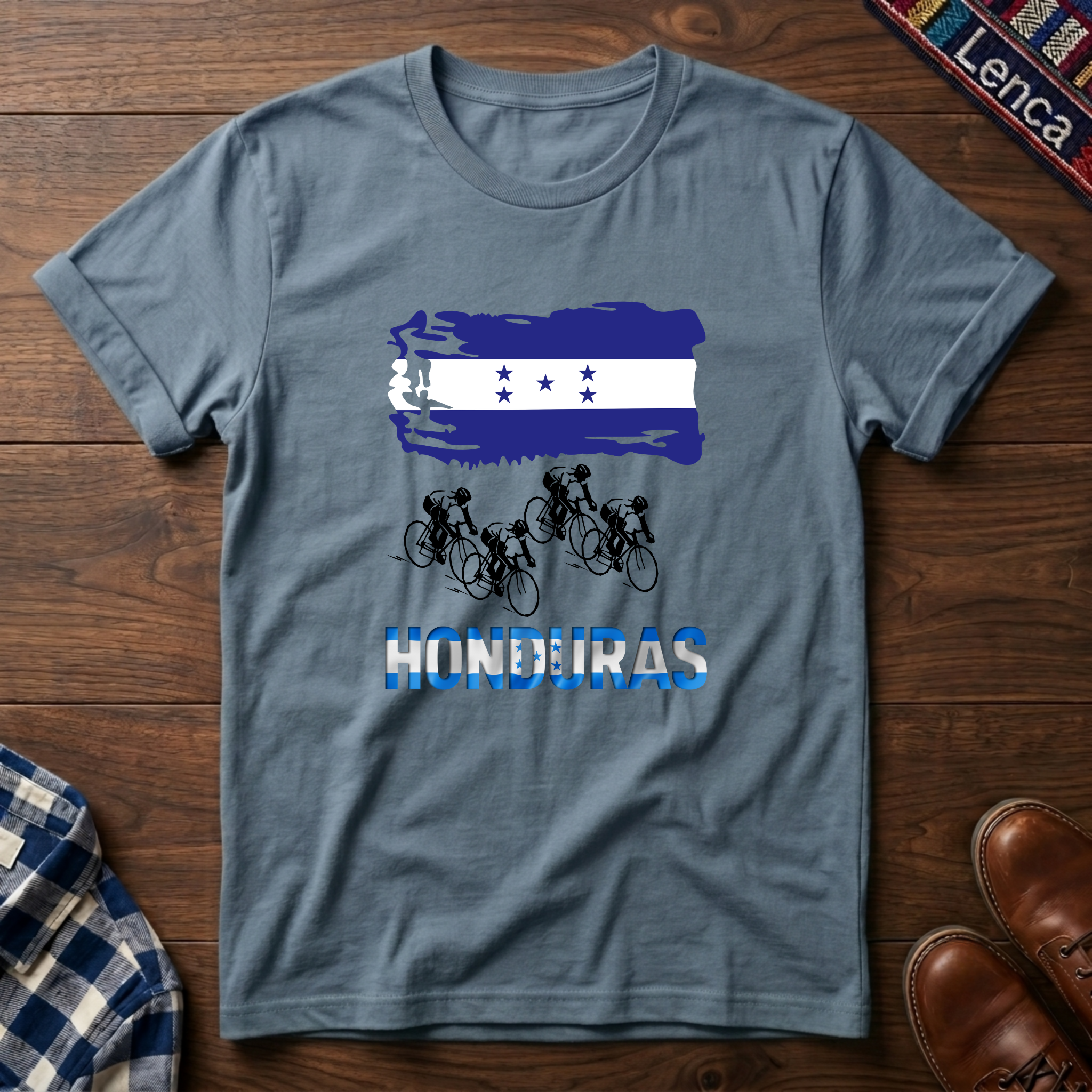 Stone blue t-shirt with 'Honduras' text, flag and cycling design on a white background