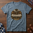 Stone blue t-shirt with 'Honduras Smoke Legacy' graphic on a wooden surface.
