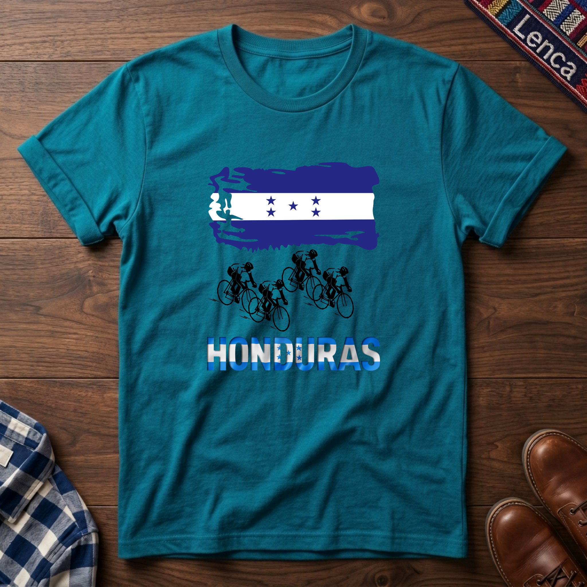 Tropical Blue t-shirt with 'Honduras' text, flag and cycling graphic on a white background