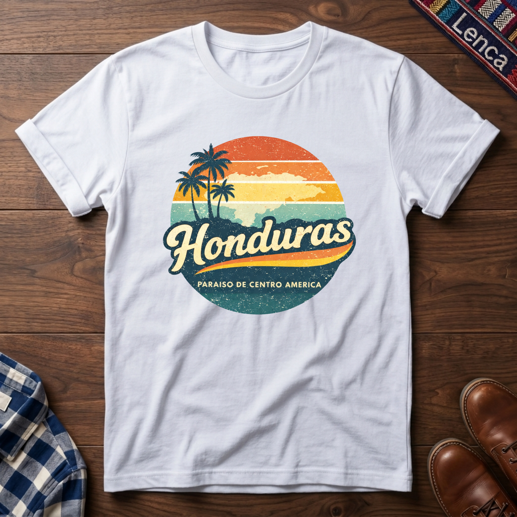 White t-shirt with 'Honduras' text graphic design on a wooden surface