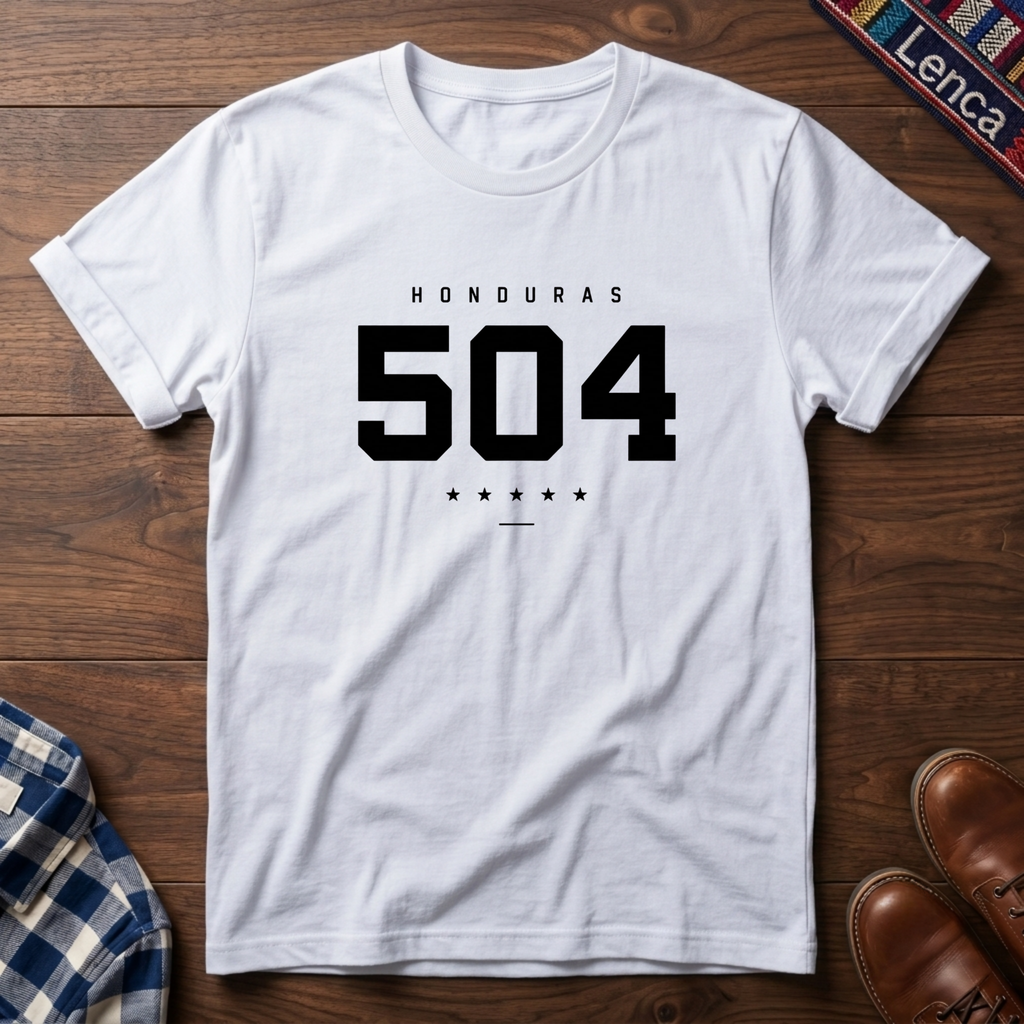 A white short-sleeve crewneck t-shirt with 'HONDURAS 504' printed in black on the front, laid flat on a dark wood background.