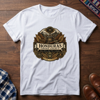 White t-shirt with 'Honduras Smoke Legacy' graphic on a wooden surface.