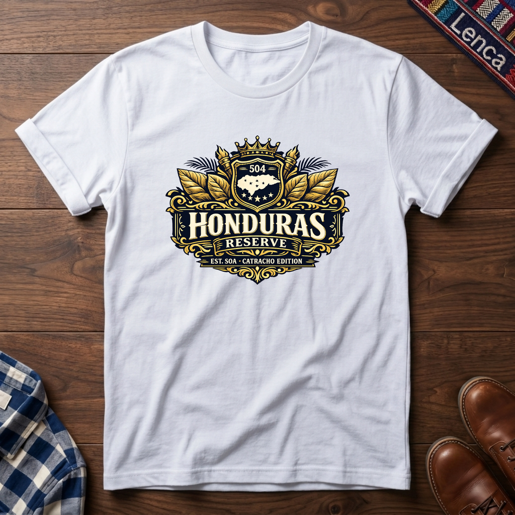 White t-shirt with a 'Honduras Reserve' graphic design on a wooden surface.