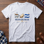 A white short-sleeve crewneck t-shirt, featuring a graphic print that reads 'Honduras' in bold blue letters.
