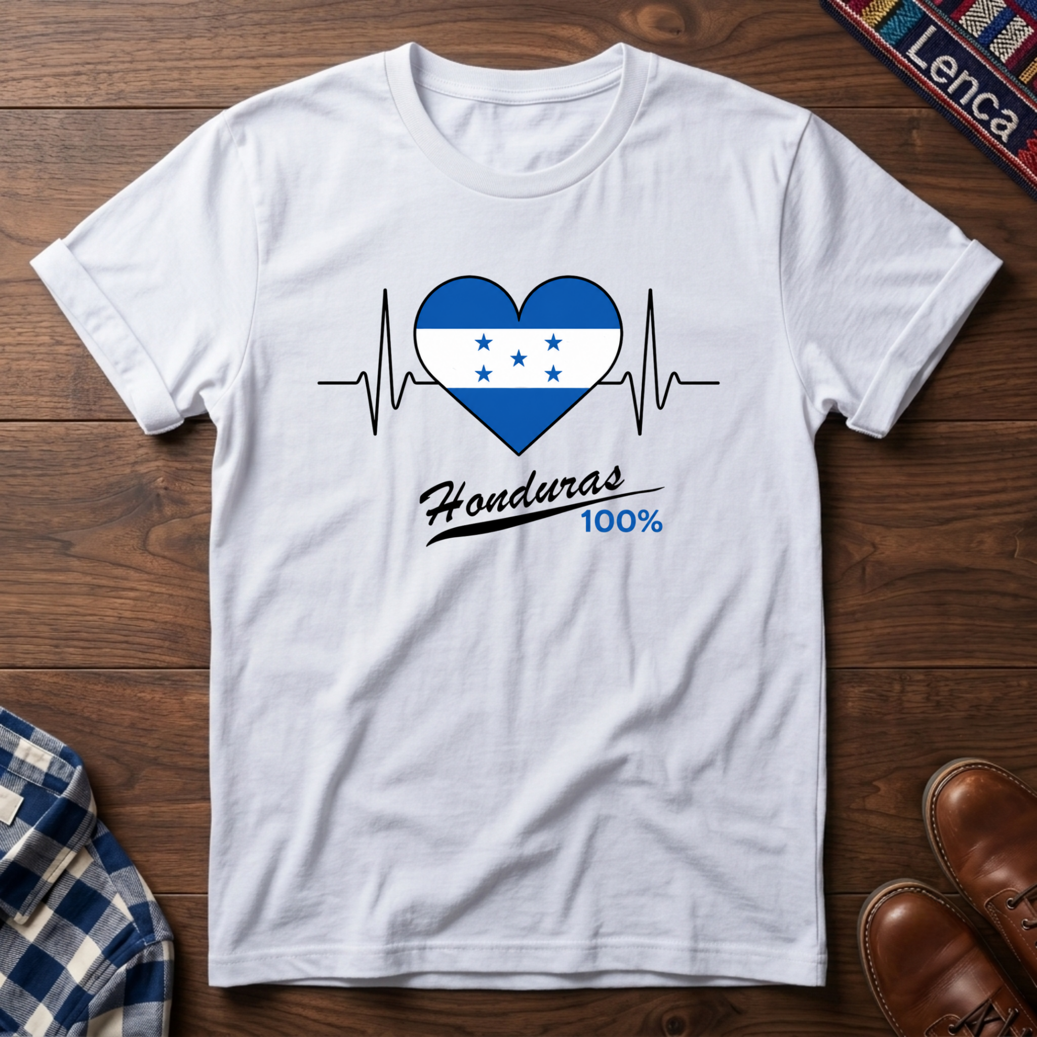 White t-shirt with a heart design featuring Honduras' flag and 'Honduras 100%' text on a wooden surface.