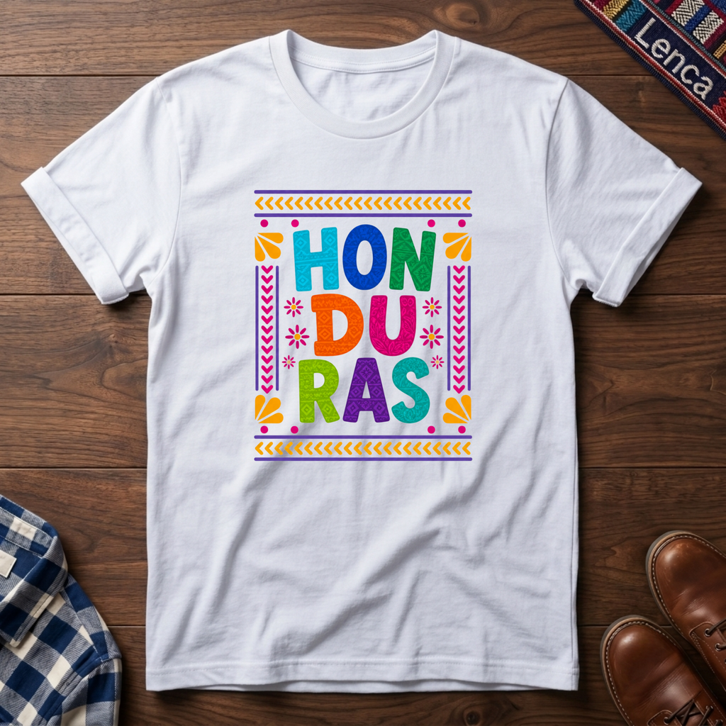 White t-shirt with colorful 'Honduras' text on a wooden surface.