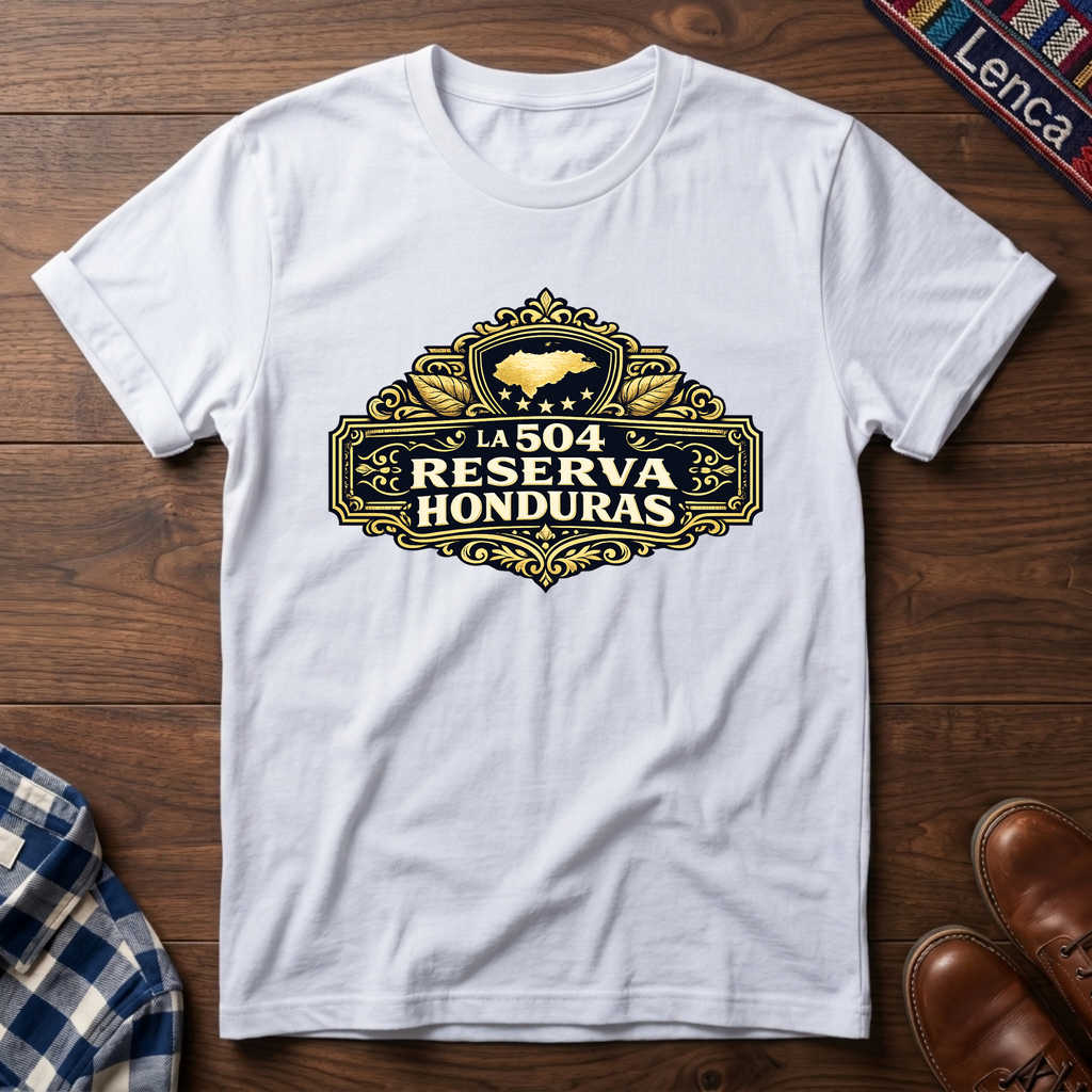 White t-shirt with 'La 504 Reserva Honduras' graphic design on a wooden surface.